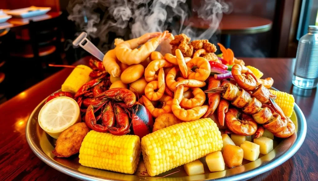 Traditional Louisiana seafood platter with crawfish, shrimp, and sides at an Alexandria restaurant Traditional Louisiana seafood platter with crawfish, shrimp, and sides at an Alexandria restaurant