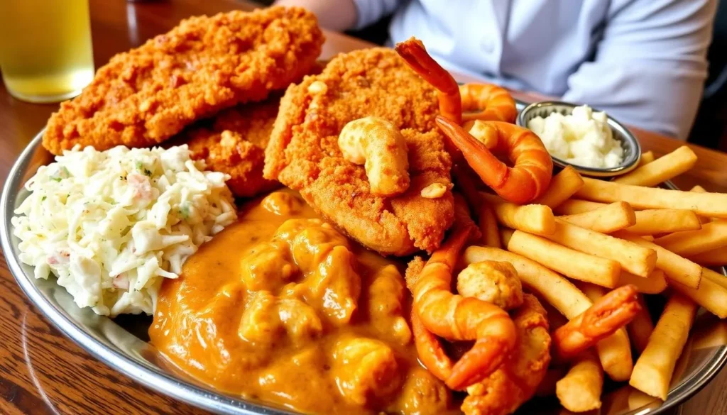 Traditional Louisiana seafood platter with fried catfish, shrimp, and crawfish served in a Shreveport restaurant Traditional Louisiana seafood platter with fried catfish, shrimp, and crawfish served in a Shreveport restaurant