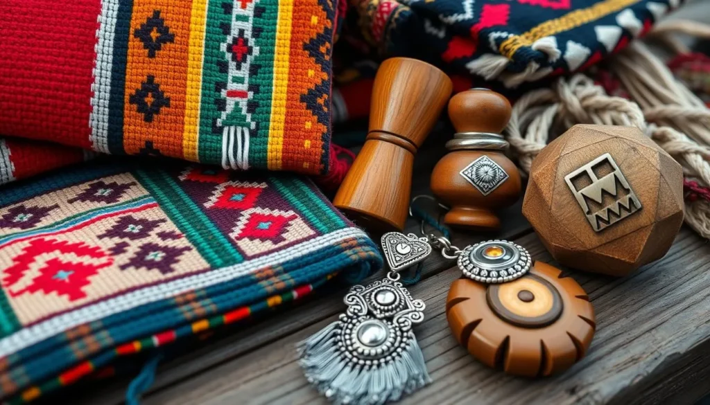 Traditional Mapuche crafts and textiles with colorful designs