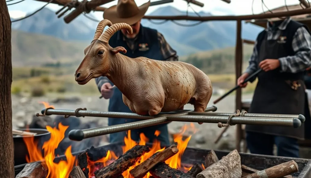 Traditional Patagonian lamb asado (barbecue) being prepared over open flames