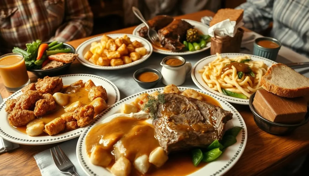 Traditional Pennsylvania Dutch family-style meal with fried chicken, pot roast, and side dishes Traditional Pennsylvania Dutch family-style meal with fried chicken, pot roast, and side dishes
