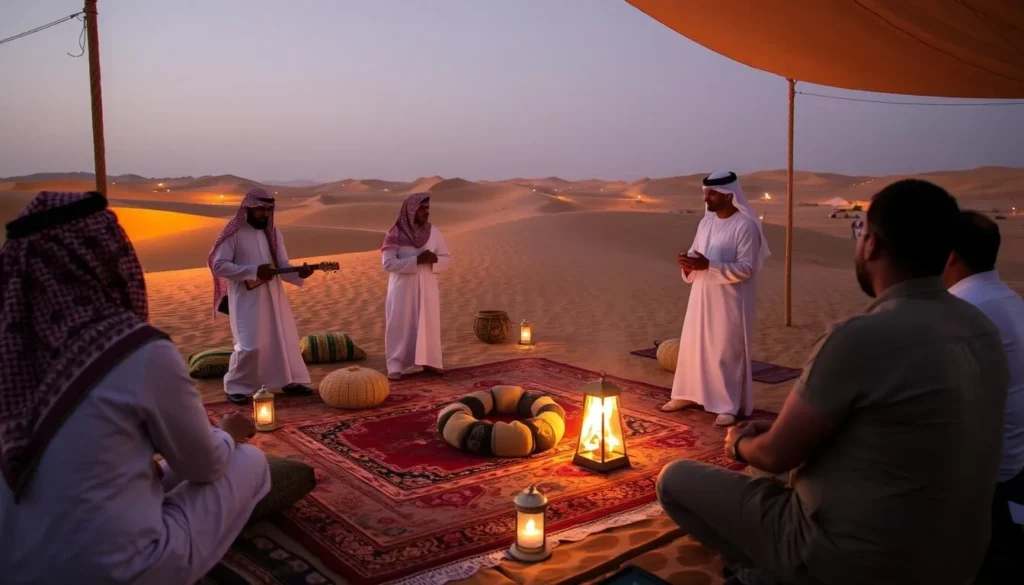 Traditional Qatari cultural performance taking place at a desert camp in Brouq Nature Reserve Traditional Qatari cultural performance taking place at a desert camp in Brouq Nature Reserve
