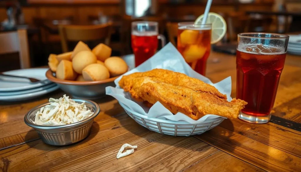 Traditional Southern meal with fried catfish, hushpuppies, and sides in Liberty County Florida Traditional Southern meal with fried catfish, hushpuppies, and sides in Liberty County Florida