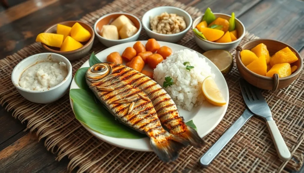 Traditional Tokelauan meal with fresh seafood and coconut dishes Traditional Tokelauan meal with fresh seafood and coconut dishes