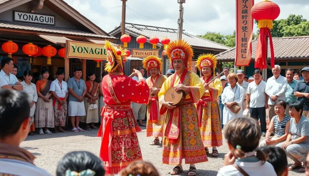 Traditional Yonaguni festival with dancers in colorful costumes performing ancient rituals Traditional Yonaguni festival with dancers in colorful costumes performing ancient rituals
