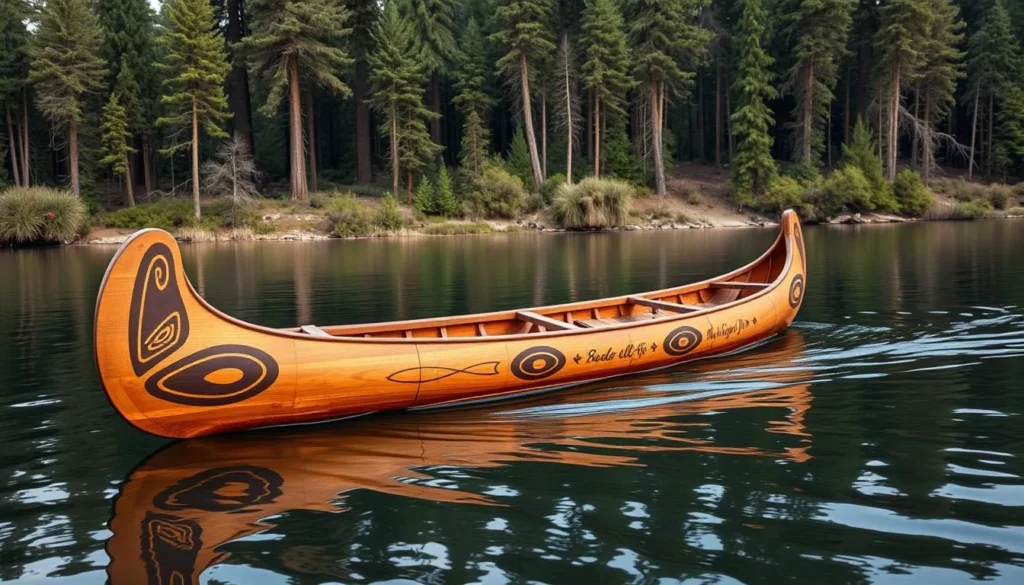 Traditional Yurok canoe on the Klamath River with redwood forests in the background Traditional Yurok canoe on the Klamath River with redwood forests in the background