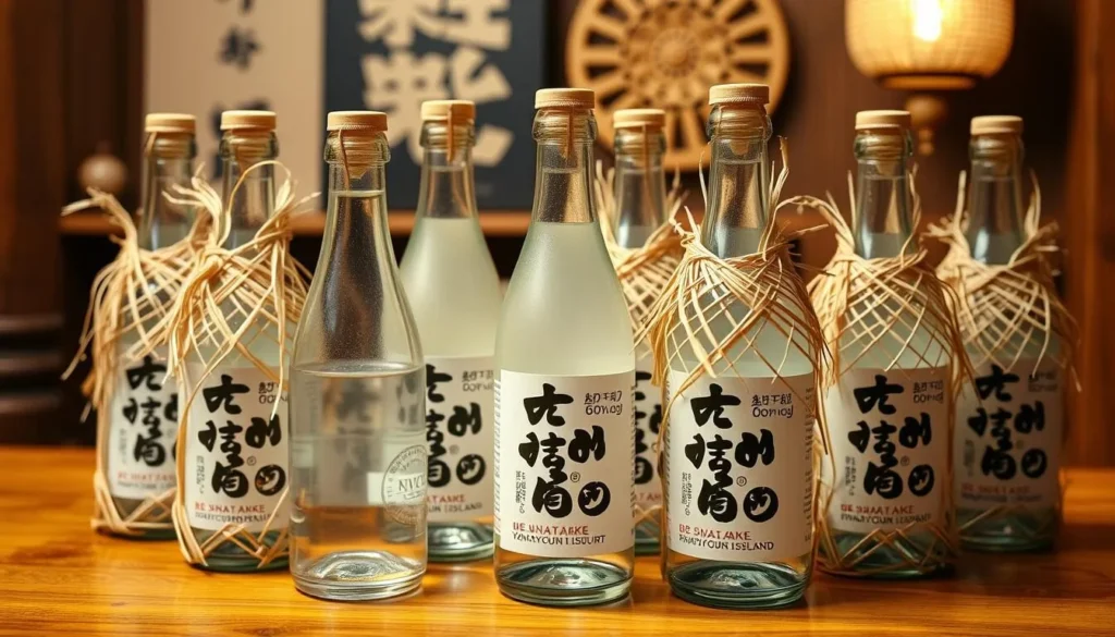 Traditional bottles of Hanazake liquor wrapped in protective straw coats Traditional bottles of Hanazake liquor wrapped in protective straw coats
