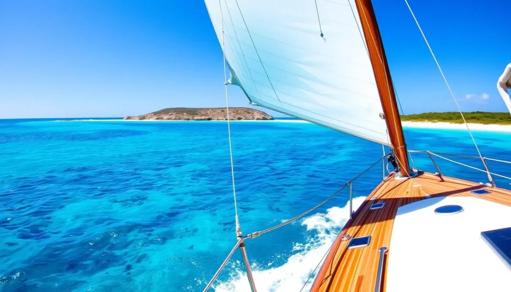 Traditional sailboat approaching Prickly Pear Island, Anguilla with tourists Traditional sailboat approaching Prickly Pear Island, Anguilla with tourists