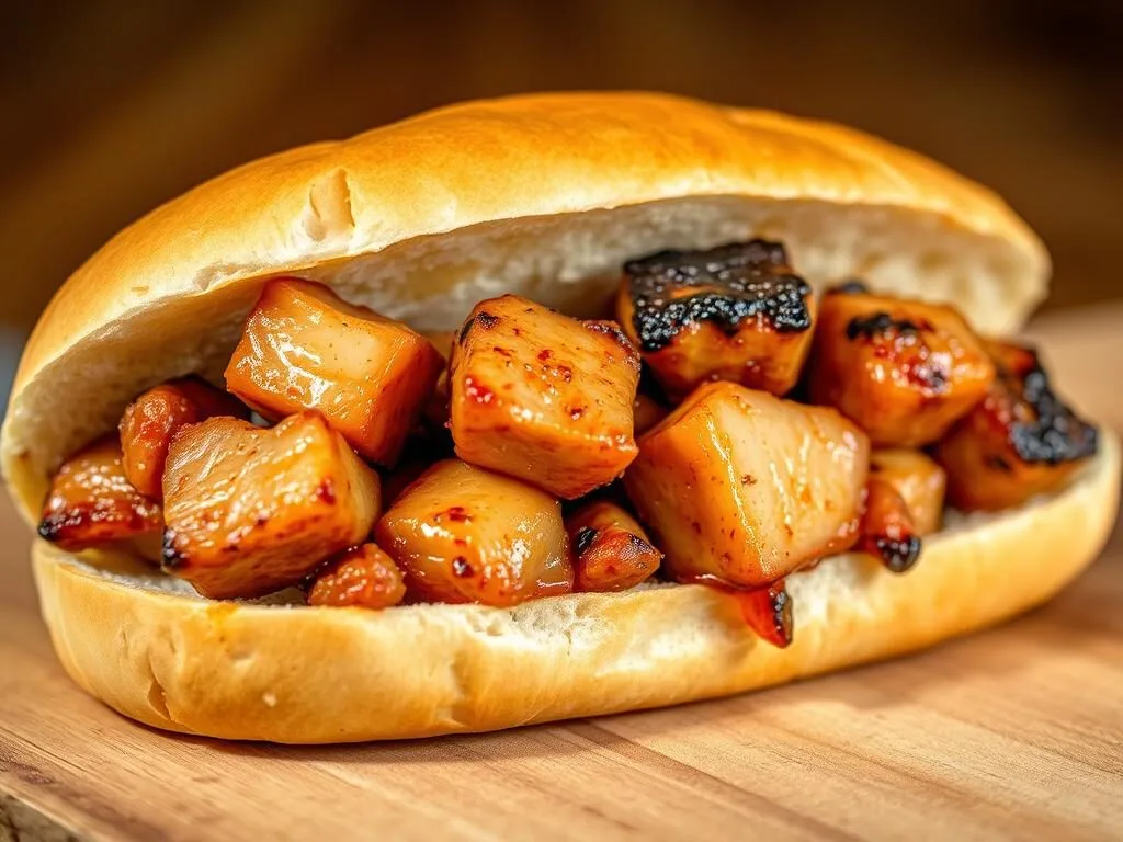 Traditional spiedie sandwich from Broome County featuring marinated meat on Italian bread Traditional spiedie sandwich from Broome County featuring marinated meat on Italian bread