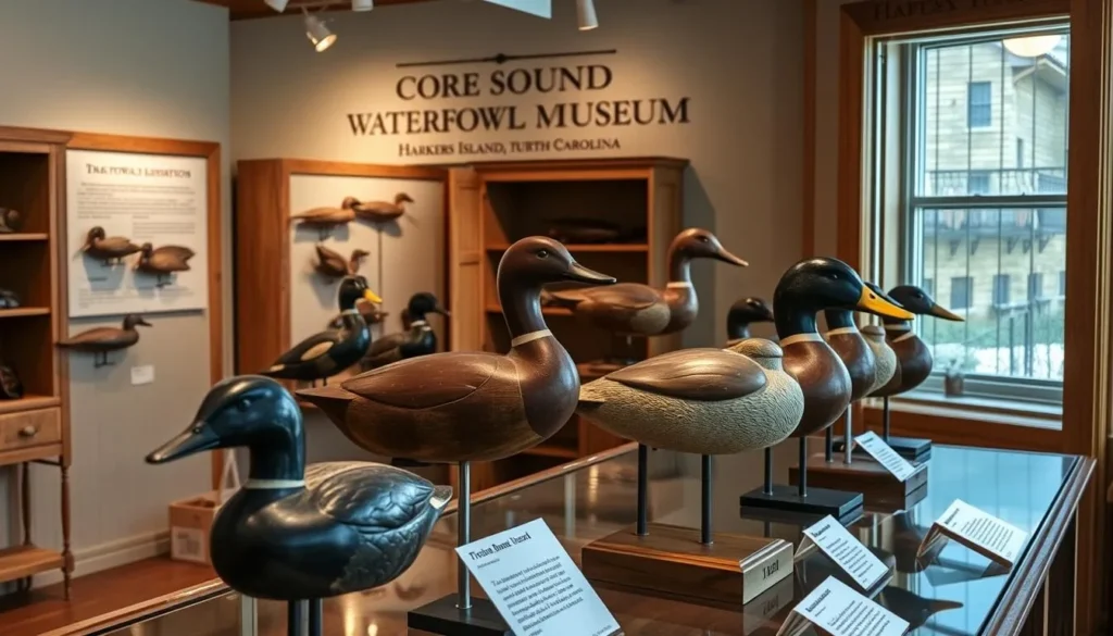 Traditional wooden decoys displayed at Core Sound Waterfowl Museum Traditional wooden decoys displayed at Core Sound Waterfowl Museum