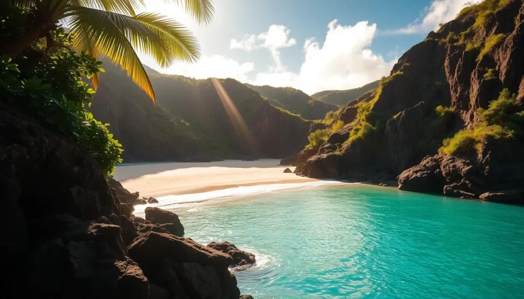 Tranquil azure waters lapping against a pristine white sand beach, framed by lush, verdant cliffs. Vibrant tropical foliage cascades down the rocky outcroppings, casting dappled shadows across the serene scene. Warm, golden sunlight filters through wispy clouds, creating a soft, ethereal glow over the entire landscape. A gentle breeze rustles the palm fronds, adding a soothing ambiance to the idyllic oceanfront view. Capture the essence of Kauai's Tunnels Beach in this breathtaking, cinematic landscape.