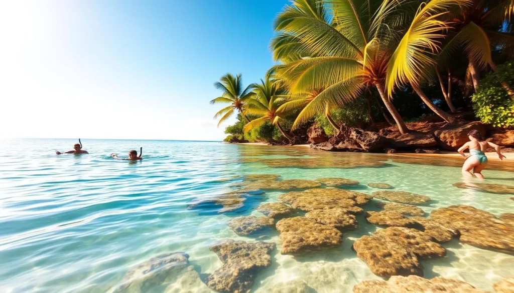 Tranquil azure waters of Napili Bay Beach, Maui, Hawaii, with snorkelers exploring the vibrant coral reefs and schools of tropical fish. Soft, golden sand frames the scene, while lush, verdant palm trees sway gently in the warm Pacific breeze. Brilliant sunshine casts a warm, natural glow, illuminating the underwater wonders. Capture the essence of this serene, idyllic beach setting through a wide-angle lens, highlighting the harmony between land, sea, and sky.