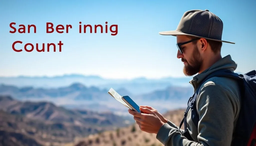 Traveler checking map while exploring San Bernardino County - planning San Bernardino County things to do Traveler checking map while exploring San Bernardino County - planning San Bernardino County things to do