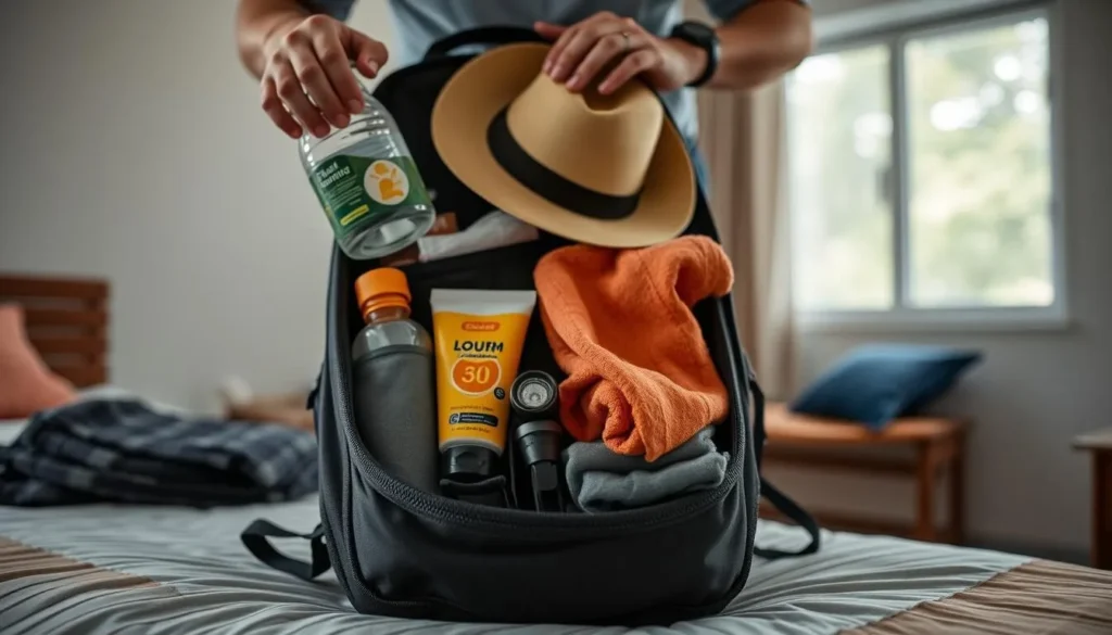 Traveler packing essentials for Tayrona National Park visit including water bottle, hat, and sunscreen Traveler packing essentials for Tayrona National Park visit including water bottle, hat, and sunscreen