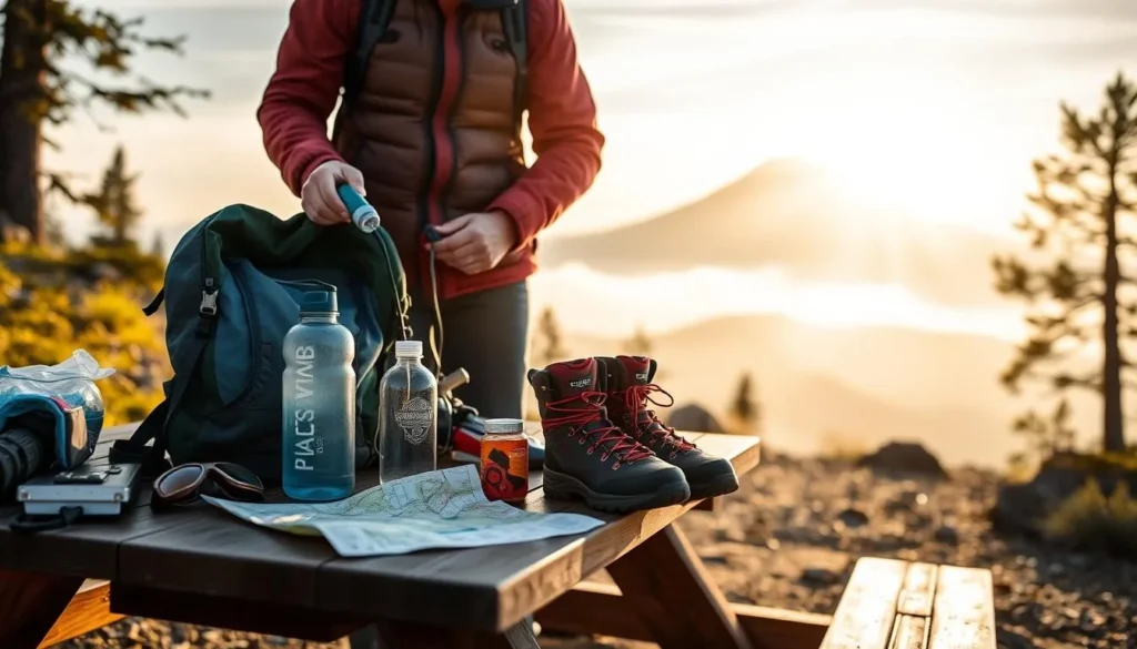 Traveler preparing hiking gear with Mount Shasta view in Shasta County California best things to do Traveler preparing hiking gear with Mount Shasta view in Shasta County California best things to do