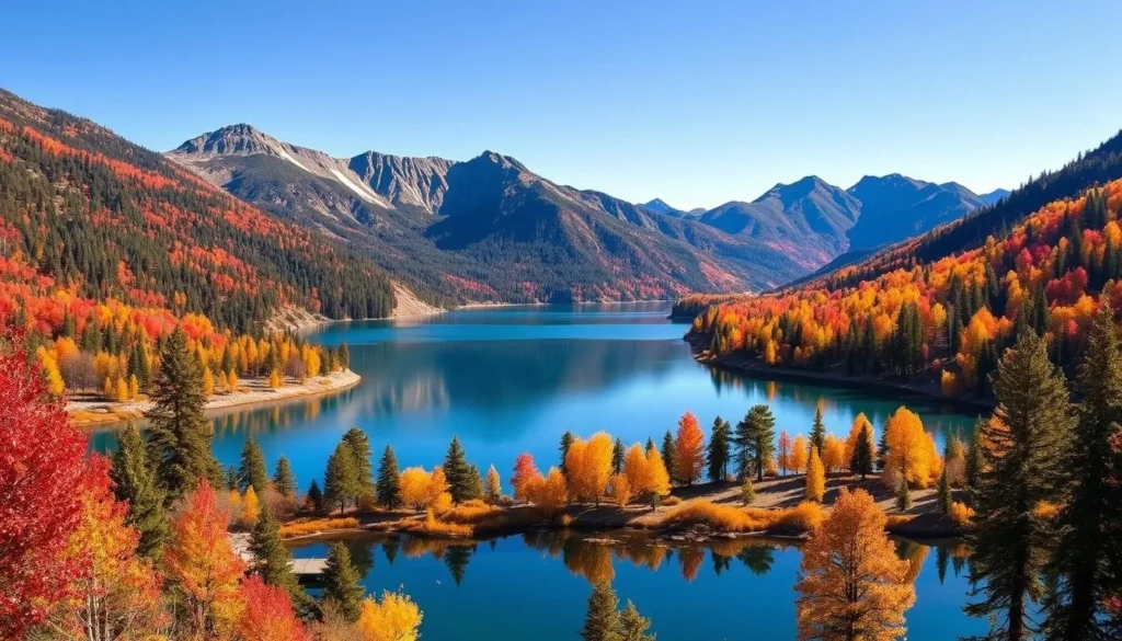 Trinity County California in autumn with colorful fall foliage around Trinity Lake