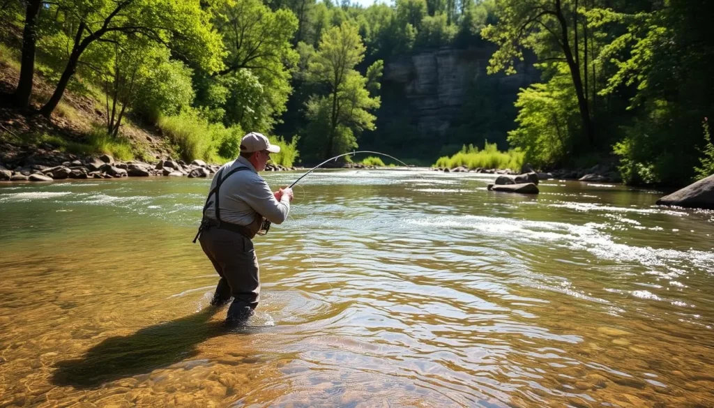Trout fishing in a clear stream near Decorah Iowa, a popular day trip from Marquette Trout fishing in a clear stream near Decorah Iowa, a popular day trip from Marquette