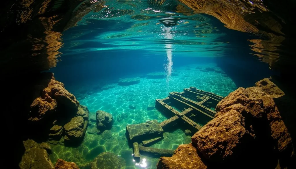 Troy Springs State Park showing the remains of the Civil War-era steamboat Madison underwater in crystal clear spring water Troy Springs State Park showing the remains of the Civil War-era steamboat Madison underwater in crystal clear spring water