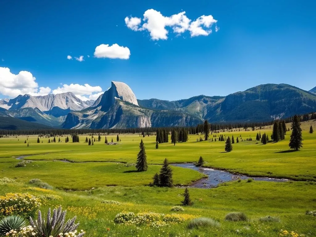 Tuolumne Meadows in Yosemite National Park with granite domes and alpine meadow Tuolumne Meadows in Yosemite National Park with granite domes and alpine meadow