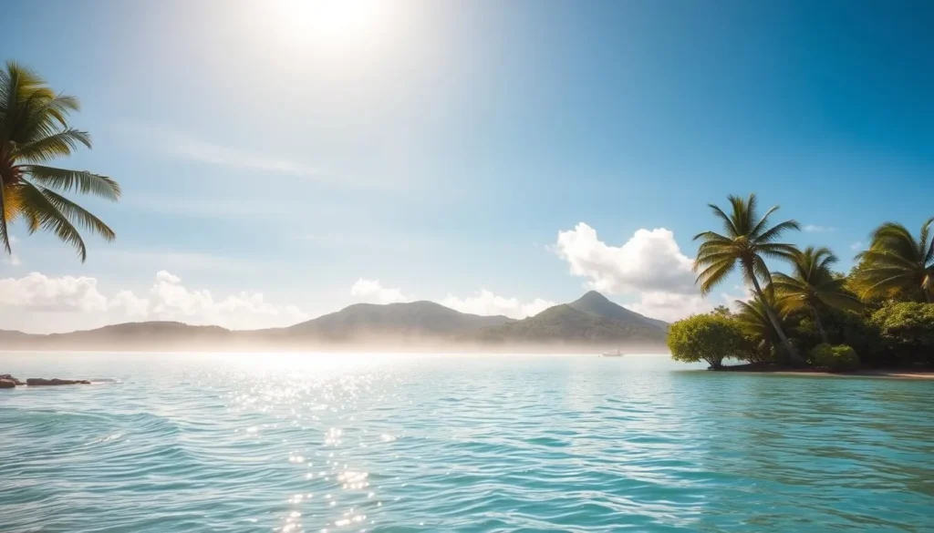 Tuvalu, a tropical paradise in the South Pacific, basking under the warm sun. A serene beachscape with gently lapping waves and lush palm trees swaying in the light breeze. The air is thick with humidity, creating a hazy, dreamlike atmosphere. In the foreground, a tranquil lagoon reflects the azure sky above, while in the distance, verdant hills rise up, cloaked in a verdant canopy. The scene exudes a sense of languid comfort, inviting the viewer to imagine the balmy, enveloping sensation of Tuvalu's coastal climate.
