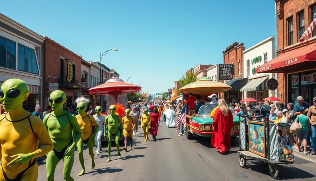 UFO Festival parade in downtown Roswell, New Mexico with costumed participants UFO Festival parade in downtown Roswell, New Mexico with costumed participants