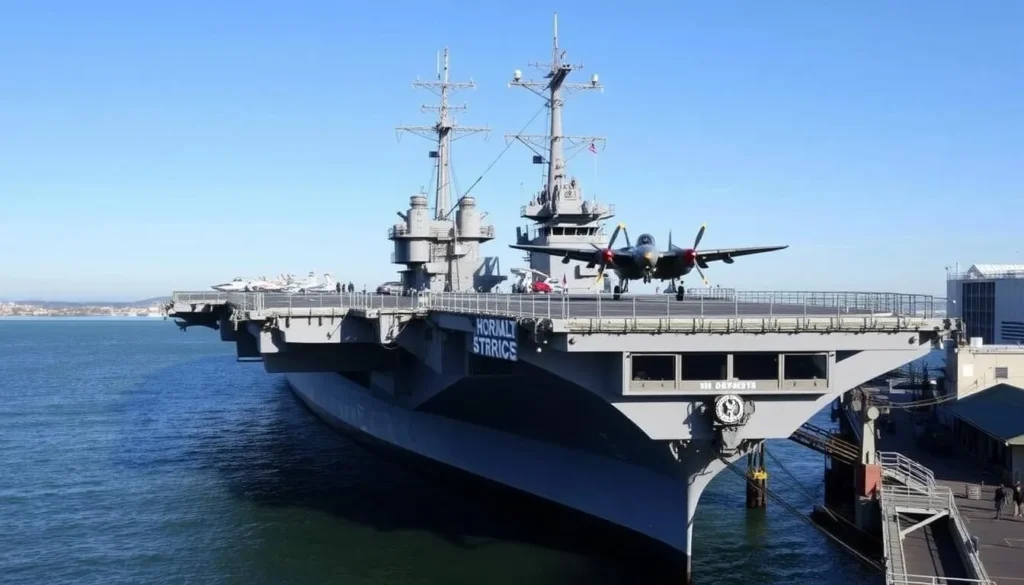 USS Hornet Museum with aircraft displayed on the flight deck in Alameda County California USS Hornet Museum with aircraft displayed on the flight deck in Alameda County California