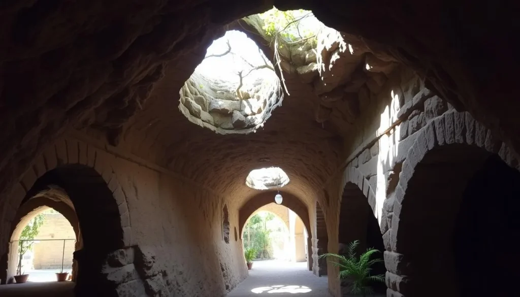 Underground passageway at Forestiere Underground Gardens in Fresno County California with stone arches and natural light Underground passageway at Forestiere Underground Gardens in Fresno County California with stone arches and natural light