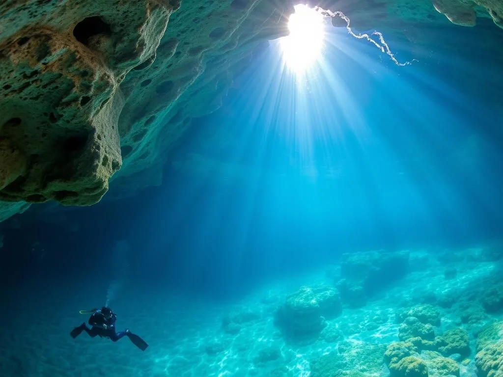 Underwater view of cave diving at Ginnie Springs showing crystal formations Underwater view of cave diving at Ginnie Springs showing crystal formations