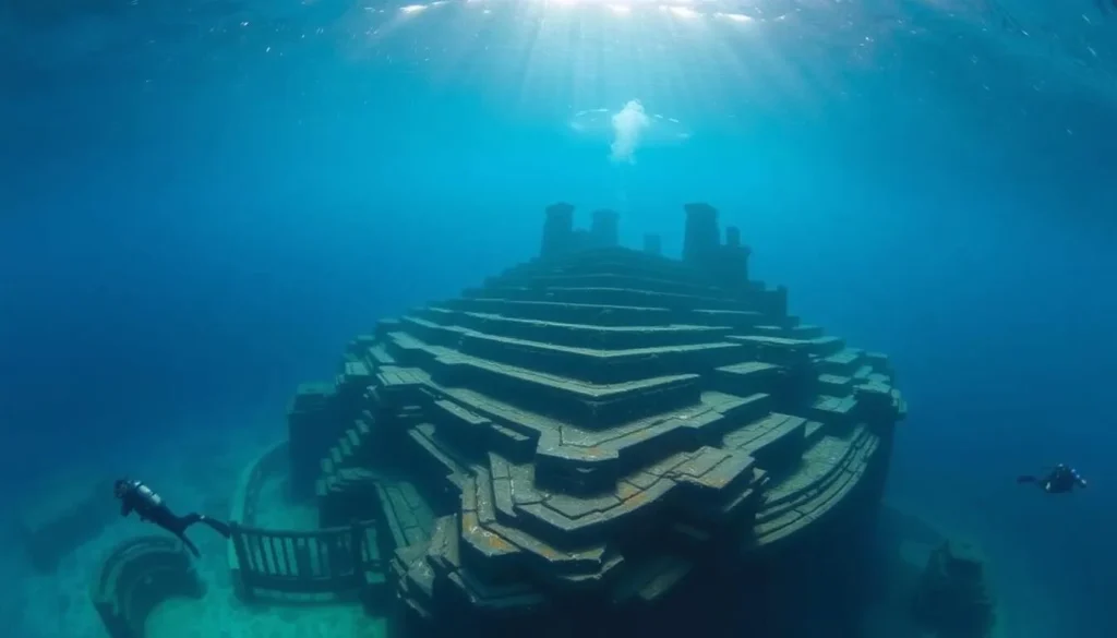 Underwater view of the Yonaguni Monument showing its step-like terraces and angular formations Underwater view of the Yonaguni Monument showing its step-like terraces and angular formations