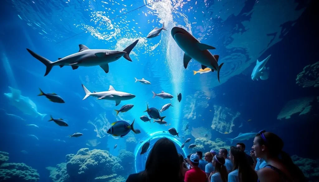 Underwater viewing tunnel at The Florida Aquarium with sharks and colorful fish swimming overhead Underwater viewing tunnel at The Florida Aquarium with sharks and colorful fish swimming overhead