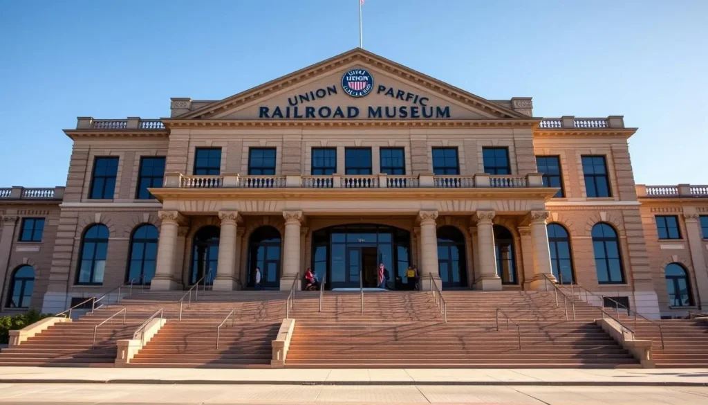 Union Pacific Railroad Museum exterior in Council Bluffs with visitors entering Union Pacific Railroad Museum exterior in Council Bluffs with visitors entering