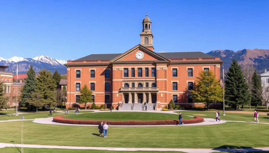 University of Montana campus with Main Hall and mountains in background University of Montana campus with Main Hall and mountains in background