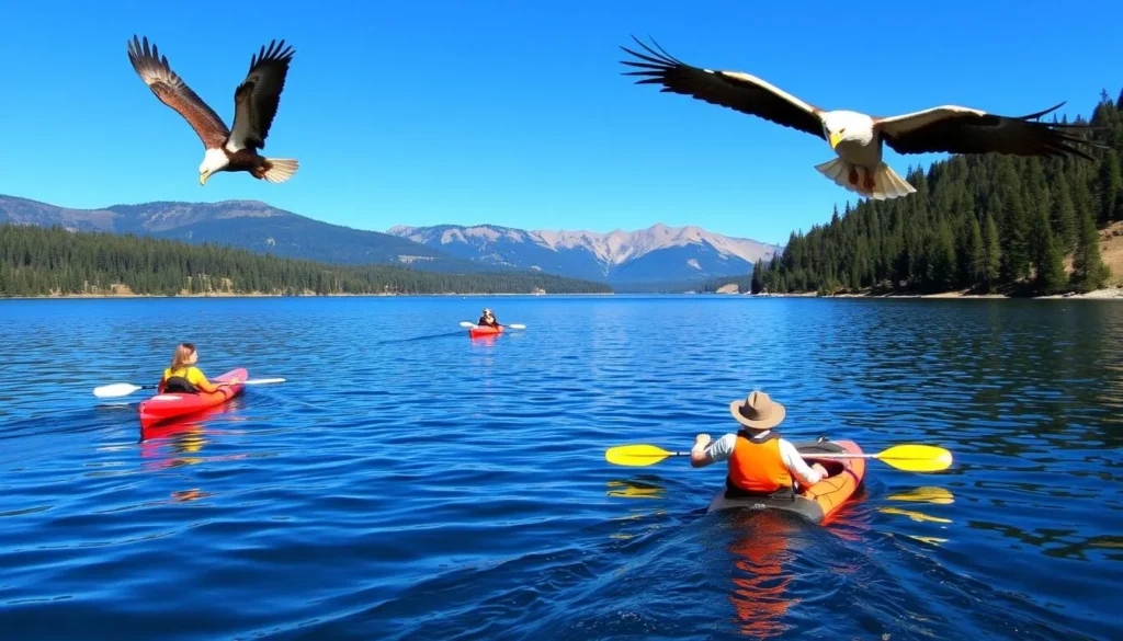 Upper Klamath Lake image with kayakers and bald eagles