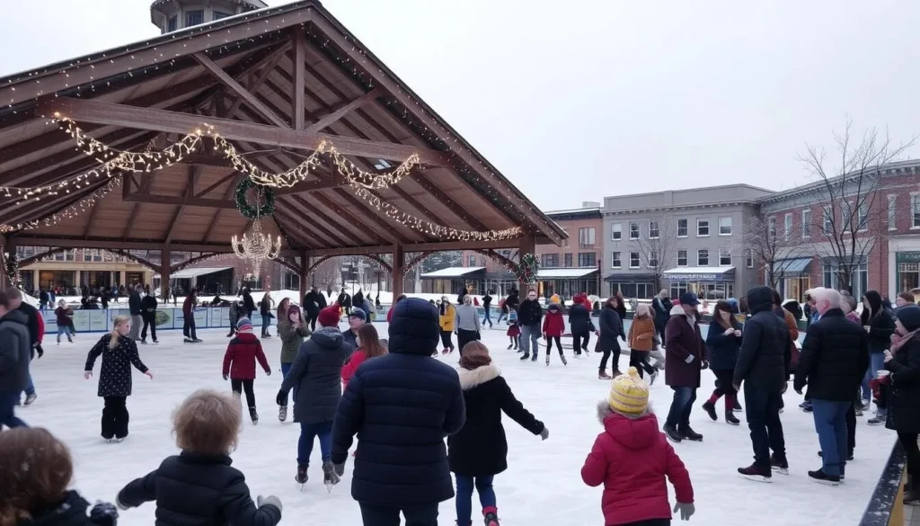 Urschel Pavilion at Central Park Plaza in Valparaiso with people ice skating in winter Urschel Pavilion at Central Park Plaza in Valparaiso with people ice skating in winter