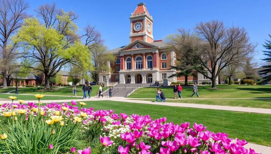 Utah State University campus with Old Main building and blooming flowers in spring, Logan, Utah things to do Utah State University campus with Old Main building and blooming flowers in spring, Logan, Utah things to do