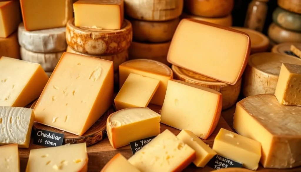 Various aged cheddar cheeses on display at Jewett's Cheese House in Madison County, New York