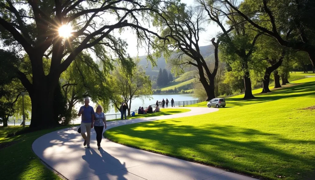Vasona Lake County Park, a tranquil oasis in the heart of Los Gatos, California. A wide, paved pathway winds through lush greenery, inviting visitors to explore the accessible facilities. Sunlight filters through the tree canopy, casting a warm glow on the serene lake. In the foreground, a couple strolls leisurely, marveling at the serene surroundings. In the middle ground, a group of families and friends picnic on the grassy slopes, basking in the idyllic atmosphere. In the background, the gently sloping hills frame the scene, providing a peaceful backdrop to this picturesque park. The image conveys a sense of tranquility, accessibility, and the natural beauty that draws visitors to Vasona Lake County Park.