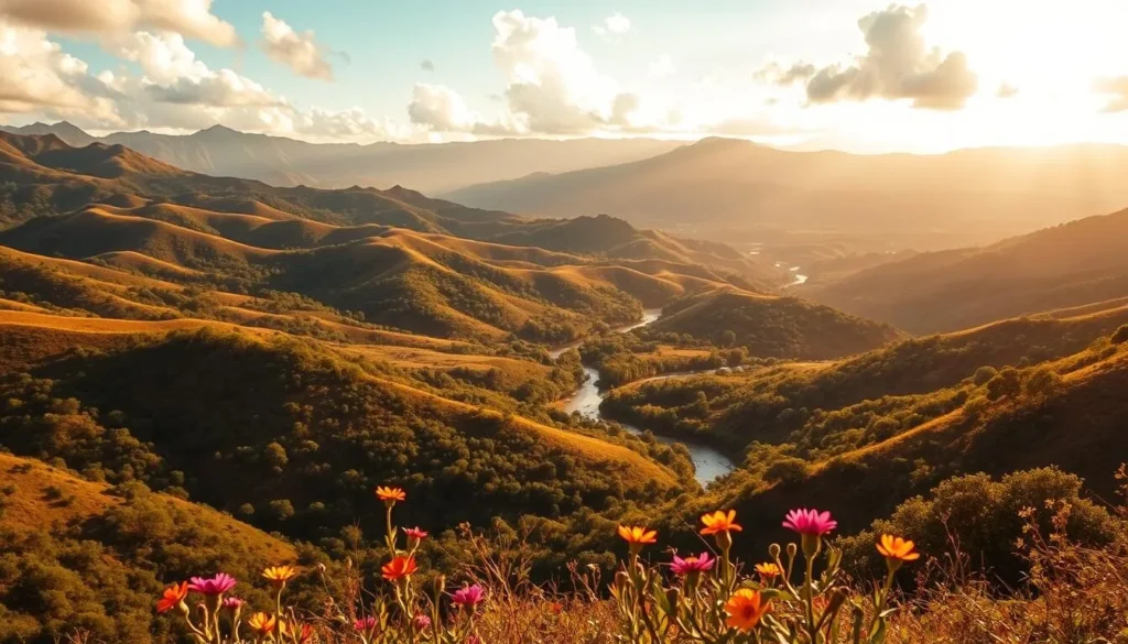 Vast, undulating landscapes of Malanje Province, Angola, bathed in warm, golden sunlight. Rolling hills dotted with lush, verdant forests and glistening streams winding through the rugged terrain. In the distance, majestic mountains rise, their peaks capped with fluffy white clouds. Vibrant wildflowers dot the foreground, swaying gently in a light breeze. A serene, tranquil atmosphere pervades the scene, inviting the viewer to immerse themselves in the natural beauty of this hidden gem.