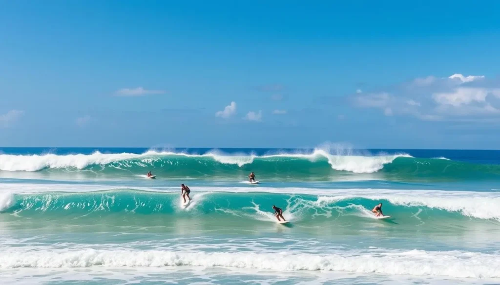 Velzyland Beach North Shore Oahu with surfers riding waves