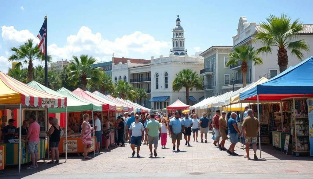 Vendor booths and visitors at the Speckled Perch Festival in downtown Okeechobee, Florida Vendor booths and visitors at the Speckled Perch Festival in downtown Okeechobee, Florida