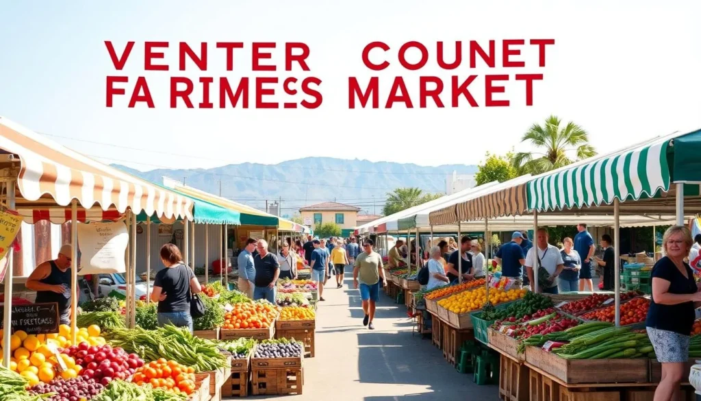 Ventura County Farmers Market with colorful produce stands, local vendors, and shoppers on a sunny morning Ventura County Farmers Market with colorful produce stands, local vendors, and shoppers on a sunny morning