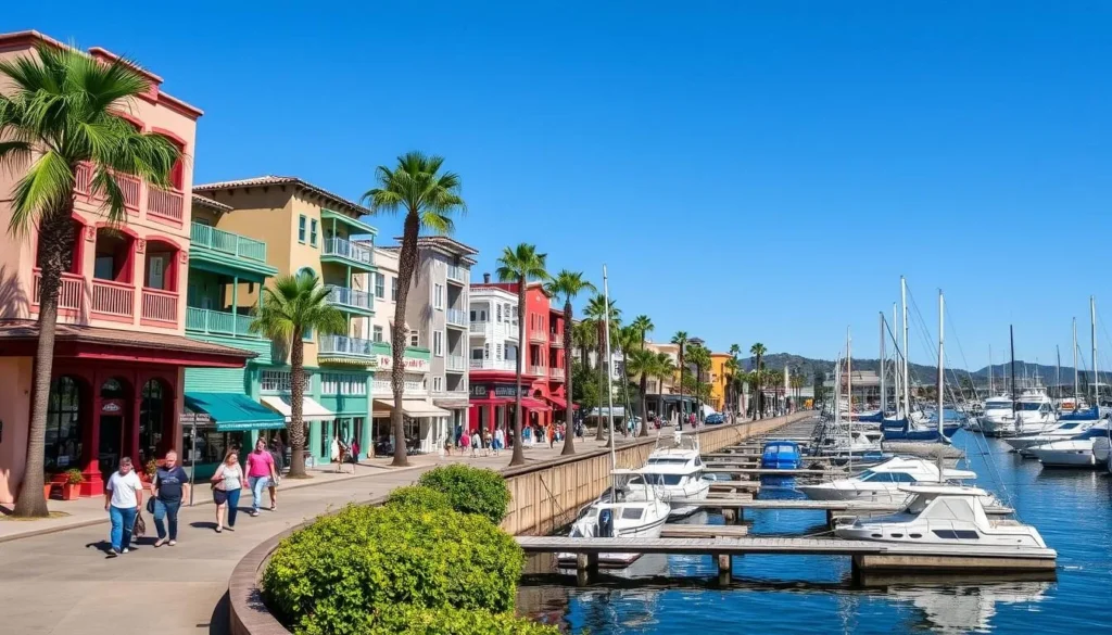 Ventura Harbor Village with colorful buildings, boats in the marina, and palm trees on a sunny day Ventura Harbor Village with colorful buildings, boats in the marina, and palm trees on a sunny day
