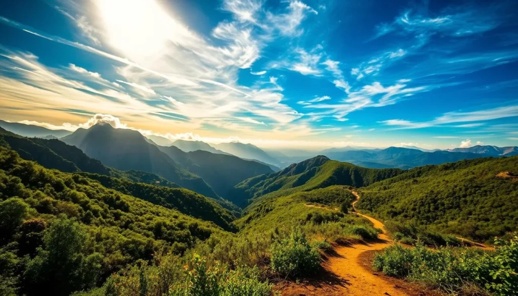 Ventura Mountains, California: Sweeping vistas of rugged peaks and lush canyons bathed in warm, golden sunlight. Towering ridges framed by a brilliant azure sky, scattered with wispy clouds. Lush, verdant foliage cascades down the slopes, creating a tapestry of verdant hues. In the foreground, a winding trail invites the viewer to explore this scenic wonderland, capturing the essence of the Ventura Mountains' natural beauty. The scene conveys a sense of tranquility and adventure, inviting the viewer to immerse themselves in the captivating landscape.