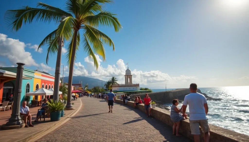 Veracruz travel tips: a tranquil seaside town with vibrant culture. Cobblestone streets lined with colorful colonial buildings, bustling marketplaces, and the iconic Fort of San Juan de Ulúa overlooking the shimmering Gulf of Mexico. Capture the energy of this coastal oasis - a warm breeze ruffles palm fronds, sunlight dances on the waves, and locals gather to savor fresh seafood and lively music. Tilt-shift lens emphasizes the quaint, intimate atmosphere. Showcase Veracruz's unique blend of history, cuisine, and natural beauty to inspire travelers' curiosity and sense of adventure.