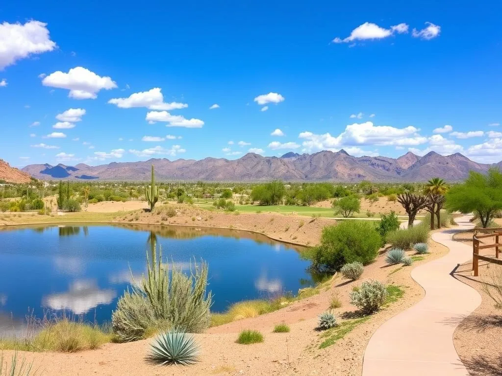 Veterans Oasis Park in Chandler Arizona with desert landscape and walking paths Veterans Oasis Park in Chandler Arizona with desert landscape and walking paths