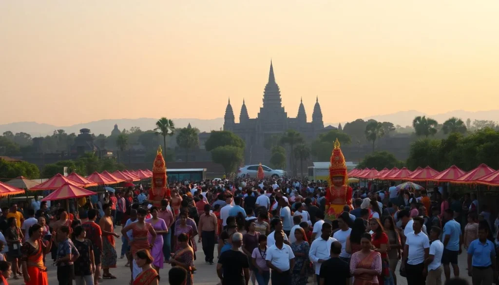 Vibrant Cambodian festivals unfold against a backdrop of ancient temples and lush landscapes. In the foreground, colorfully dressed performers engage in traditional dances, their graceful movements accentuated by warm, golden lighting. In the middle ground, bustling crowds of locals and tourists mingle, sharing in the celebratory atmosphere. In the distance, the majestic silhouettes of towering temple spires rise up, a testament to Cambodia's rich cultural heritage. The scene exudes a sense of joy, reverence, and cultural immersion, capturing the essence of the country's vibrant festival traditions.