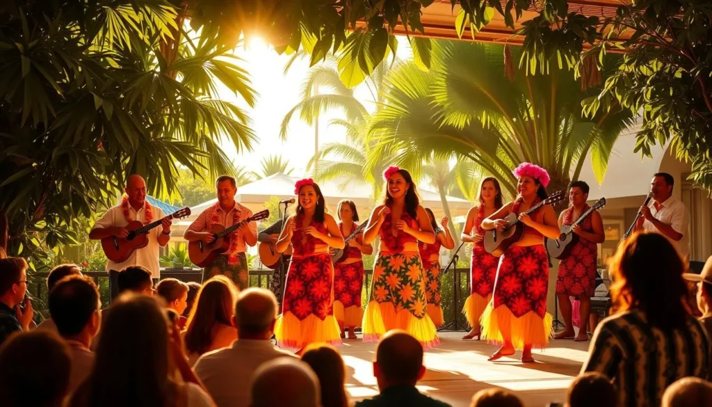 Vibrant Hawaiian music performance on a sun-dappled stage at the Ala Moana Shopping Center, Oahu. Hula dancers sway gracefully to the rhythmic beats of ukuleles, drums, and melodic chants. Lush tropical foliage frames the scene, creating a lush, verdant backdrop. Warm, golden lighting highlights the performers' intricate costumes and the joyful expressions on their faces. Onlookers sit enraptured, immersed in the captivating cultural celebration. A sense of harmony and community permeates the atmospheric performance, reflecting the vibrant spirit of Hawaii.