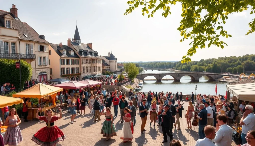 Vibrant Loire Valley festivals, bustling with joyous crowds. A picturesque town square filled with colorful tents, artisan stalls, and the aroma of local delicacies. In the foreground, a lively dance performance with traditional costumes and graceful movements. The middle ground features a parade of musicians, their instruments filling the air with lively melodies. In the background, historic buildings and a serene river provide a stunning natural backdrop. Warm sunlight filters through, creating a welcoming and festive atmosphere. Capture the essence of the Loire Valley's rich cultural heritage and the energy of its beloved festivals.