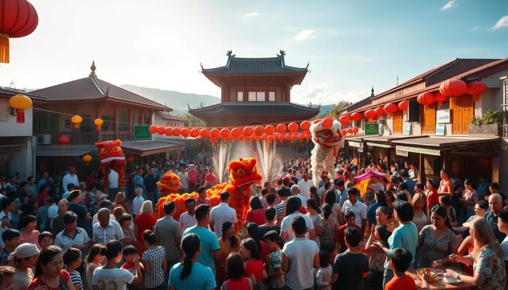 Vibrant Lunar New Year celebration in the scenic Con Dao Islands, Vietnam. Lively crowds gather amidst colorful lanterns, traditional lion dances, and festive firecrackers. Pagodas and colonial-era buildings provide a picturesque backdrop, bathed in warm afternoon sunlight. Children play games, families share meals, and dragon dances weave through the streets. Captures the joyous, communal spirit of Tet, Vietnam's most important holiday, as islanders celebrate the arrival of a new year on this remote tropical archipelago.