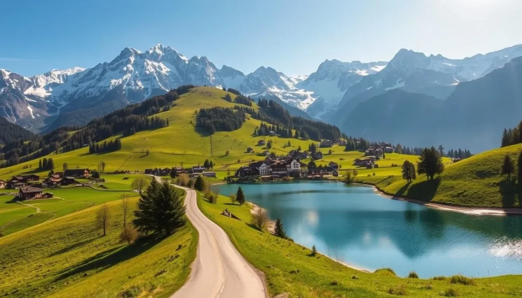 Vibrant Swiss landscape of Nidwalden, Switzerland. Lush, rolling hills dotted with quaint villages nestled between towering snow-capped peaks. A glistening lake reflects the dramatic alpine scenery, its crystal-clear waters inviting exploration. Warm sunlight bathes the scene, casting a serene, idyllic atmosphere. In the foreground, a winding country road leads the eye deeper into this hidden gem, beckoning the viewer to discover the natural wonders and charming towns that make Nidwalden a true gem of the Swiss Alps. Capture this stunning, picturesque landscape in a realistic, photographic style.